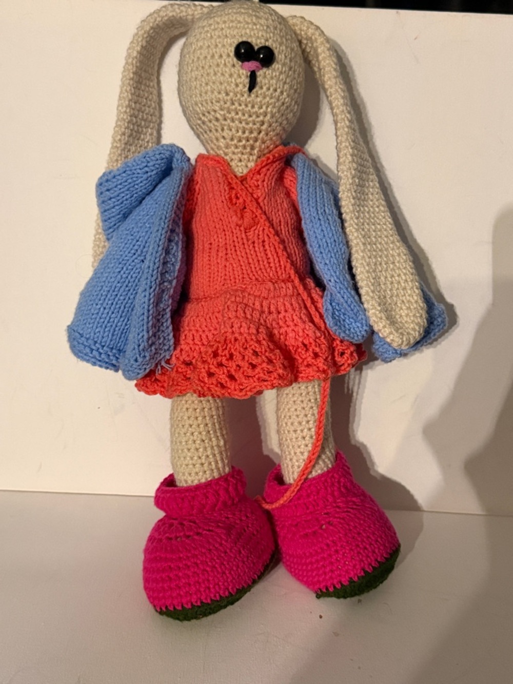 Handmade Crochet Bunny Doll in Cream, Coral, Sky Blue & Pink